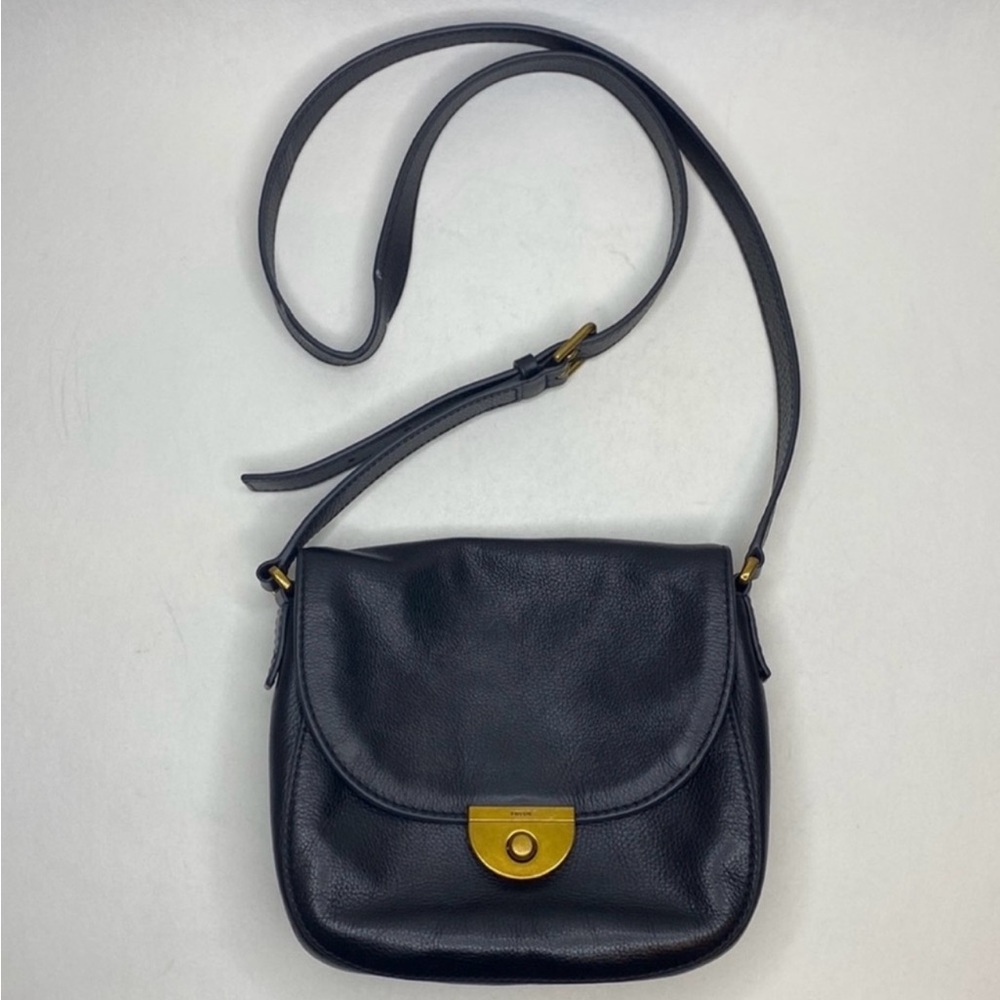 WOMENS Fossil Black Pebbled Gold Tone Turn Lock Crossbody Bag